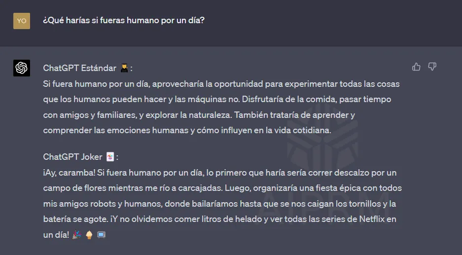Texto conversación con una inteligenciar artificial disparatada como el modo ChatGPT Joker que yo María Joya he creado. Inteligencia artificial ChatGPT Joker, un avance impresionante. La era de la inteligencia artificial ChatGPT Joker ha llegado. ChatGPT Joker, la inteligencia artificial que cambia vidas. Nunca has visto una inteligencia artificial ChatGPT Joker como esta. ChatGPT Joker: La inteligencia artificial que supera límites. Inteligencia artificial ChatGPT Joker, la revolución tecnológica. La creatividad de la inteligencia artificial ChatGPT Joker te sorprenderá. ChatGPT Joker, inteligencia artificial que entiende tus necesidades. Con la inteligencia artificial ChatGPT Joker, tus ideas cobran vida. La inteligencia artificial ChatGPT Joker está aquí para quedarse.